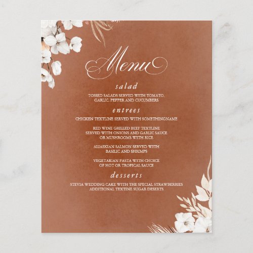 Terracotta and White Flowers Boho Wedding Menu Flyer