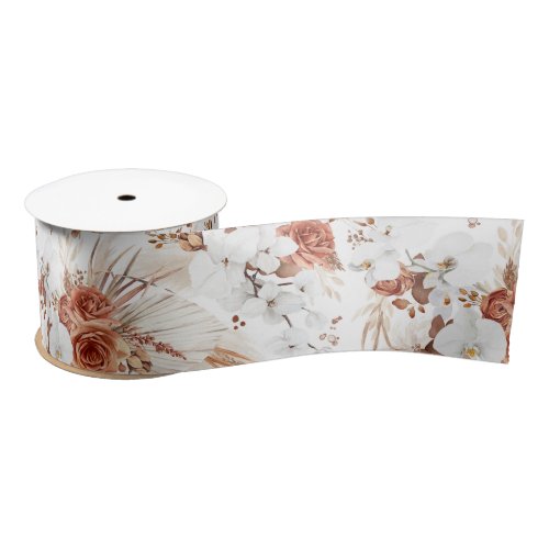 Terracotta and White Flowers Botanical Boho Chic Satin Ribbon