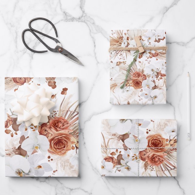 Terracotta and White Flowers Botanical Boho Exotic Wrapping Paper Sheets (Front)