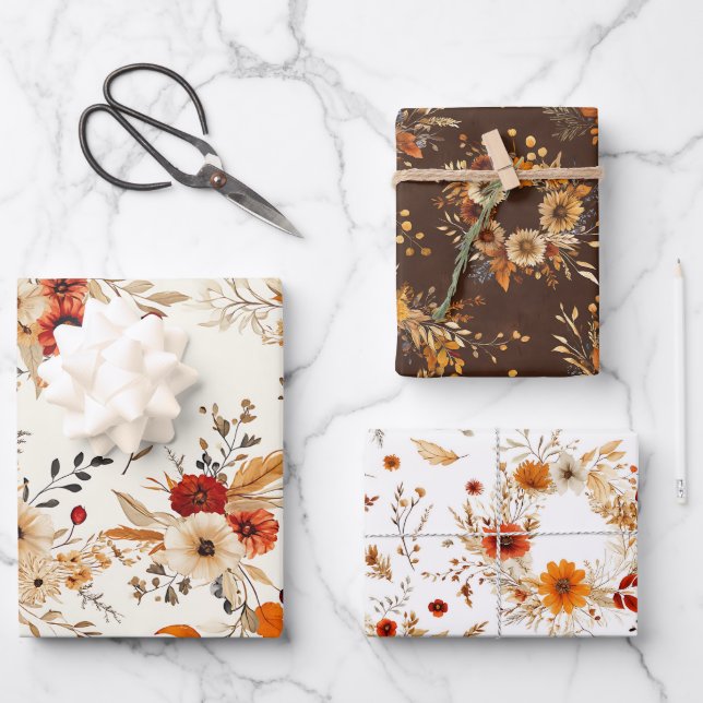 Terracotta and White Flowers Botanical Boho Exotic Wrapping Paper Sheets (Front)
