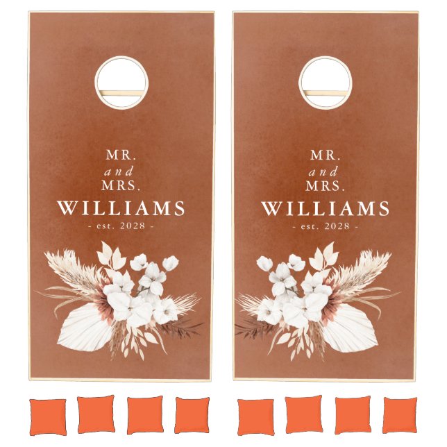 Terracotta and White Flowers Elegant Boho Party Cornhole Set (Set)