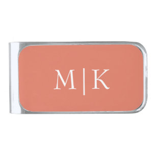 Terracotta and White   Modern Monogram Silver Finish Money Clip