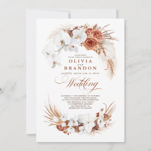 Terracotta and White Orchids Flowers Boho Wedding Invitation | Zazzle