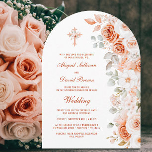 Terracotta and White Roses Arch Religious Wedding Invitation