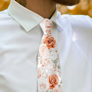 Terracotta and white roses neck tie