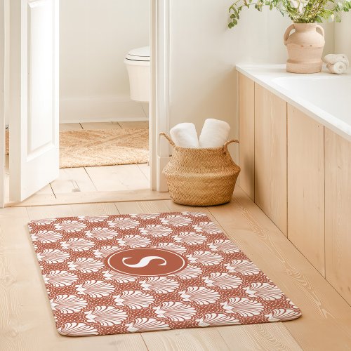 Terracotta And White Seashell Coastal Monogram Bath Mat