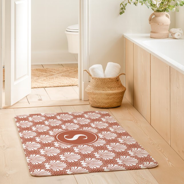 Terracotta and White Seashell Coastal Monogram Bath Mat (Creator Uploaded)