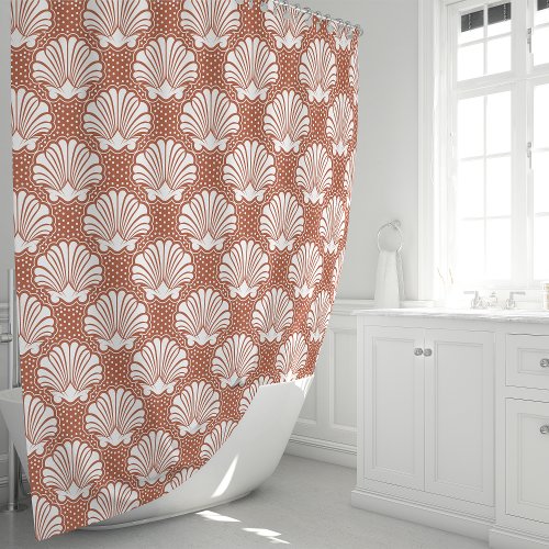 Terracotta And White Seashell Coastal Shower Curtain