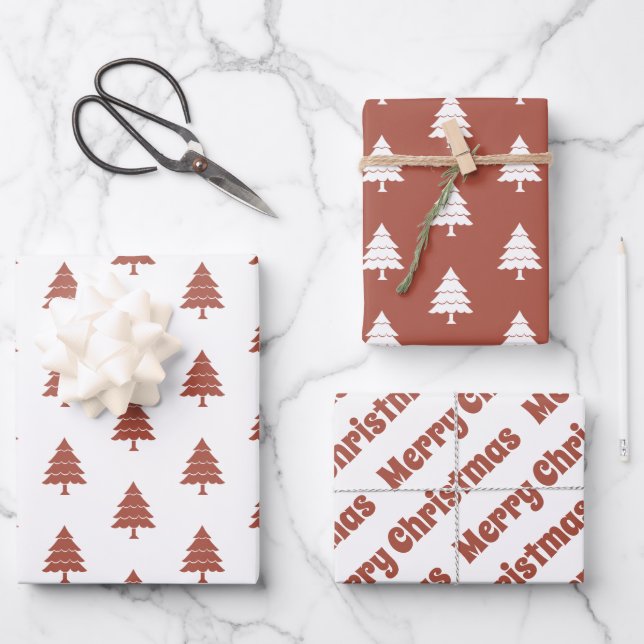 Terracotta and white trees Merry Christmas holiday Wrapping Paper Sheets (Front)