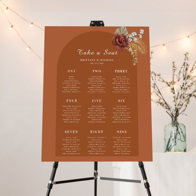 Terracotta Arch 9 Tables Wedding Seating Chart Foam Board (In Situ (Stand))