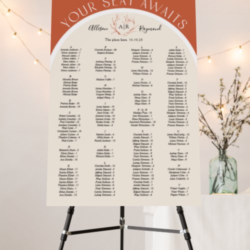 Terracotta arch alphabetical order seating chart foam board