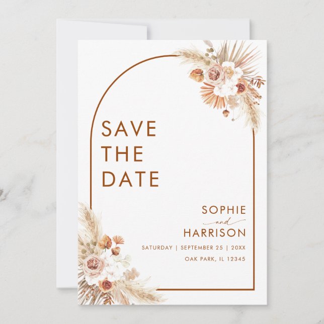 Terracotta Arch Boho Pampas Grass Save The Date Invitation (Front)