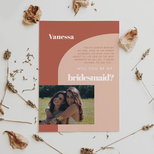 Terracotta arch Bridesmaid photo proposal card