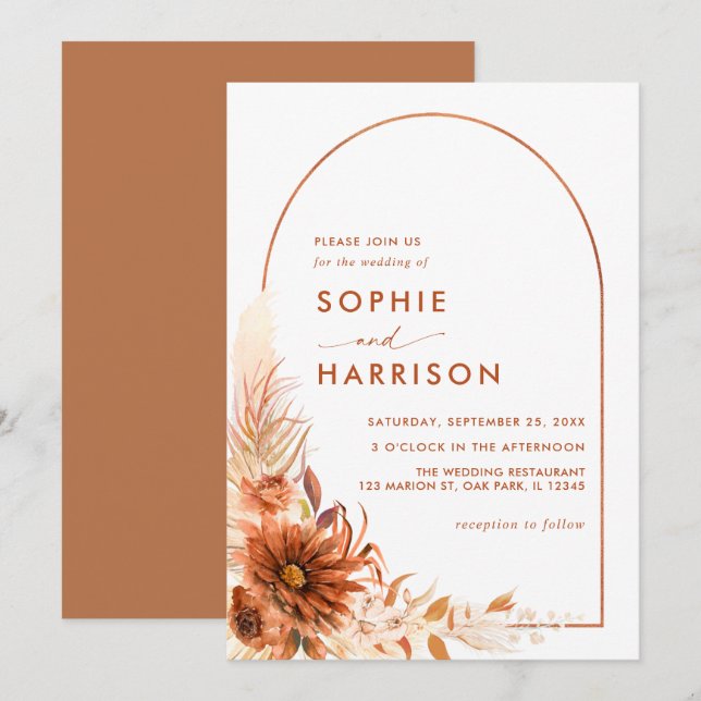 Terracotta Arch Burnt Orange Pampas Grass Wedding Invitation (Front/Back)