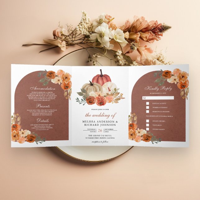 Terracotta Arch Earthy Floral Pumpkin Wedding Tri-Fold Invitation (Creator Uploaded)