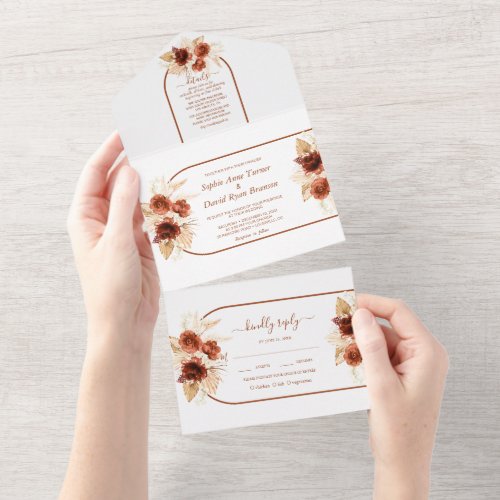 Terracotta Arch Pampas Grass Floral Wedding   All In One Invitation