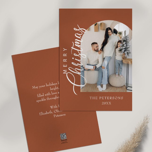 Terracotta Arch Shape Photo Christmas Card (Arch Shape Terracotta Photo Christmas Greeting Holiday Card on a white table.)