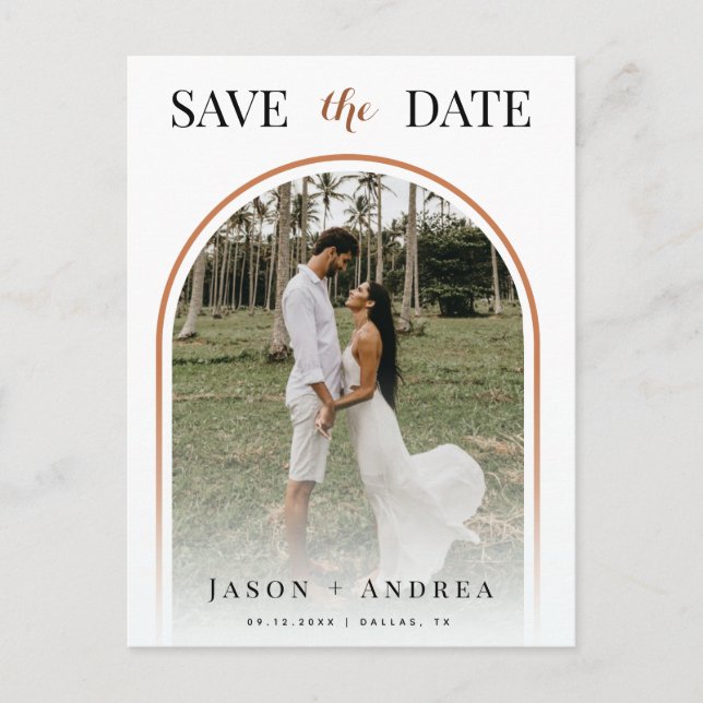 Terracotta Arch Tropical Photo Fall Save the Date Postcard (Front)