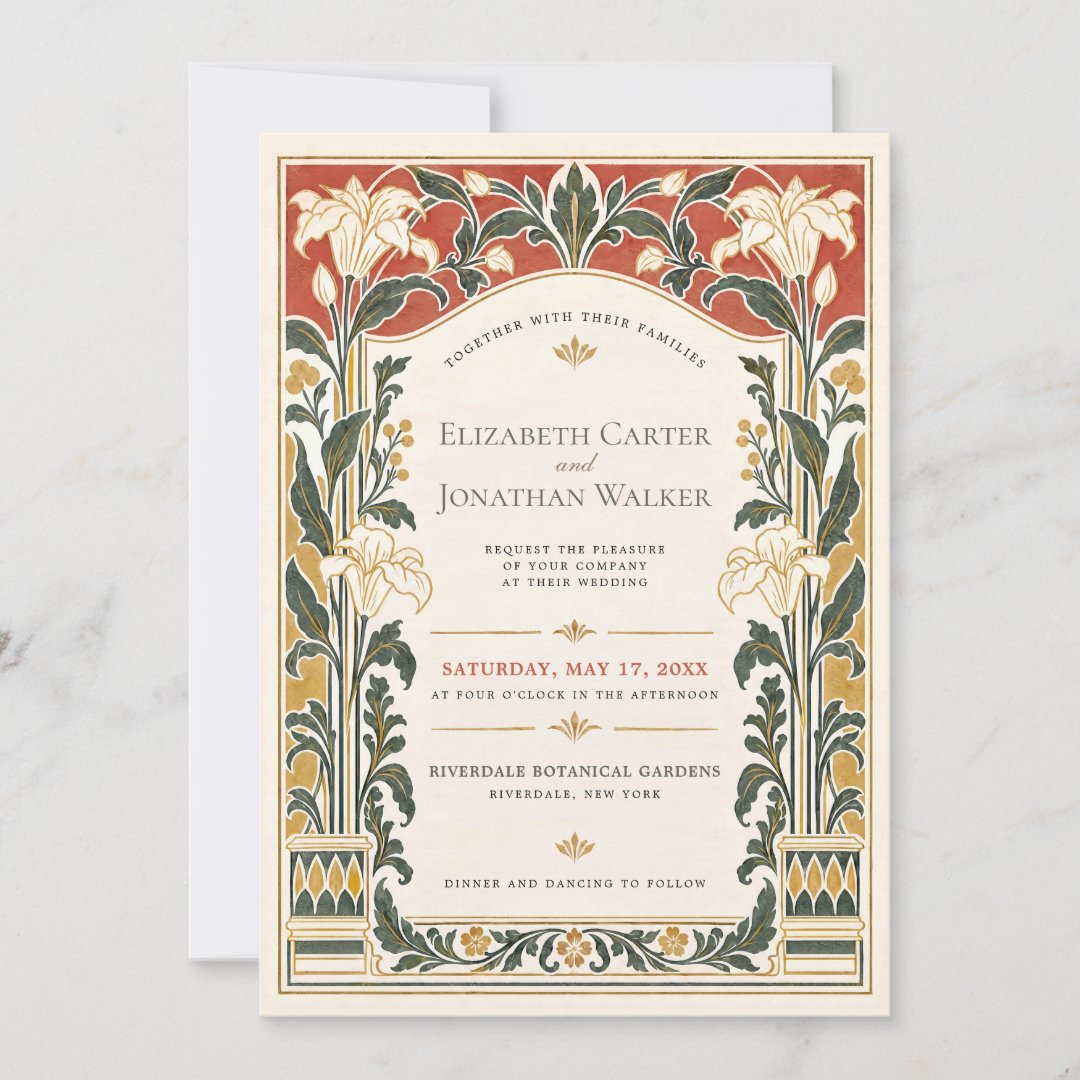 Terracotta Art Nouveau Lily Wedding Invitation (Front)