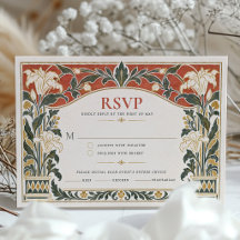 Terracotta Art Nouveau Lily Wedding RSVP Card