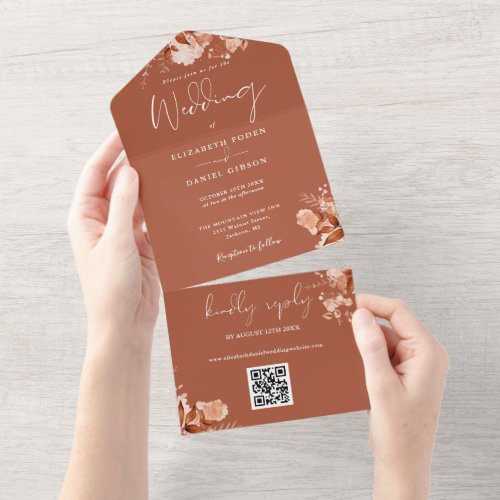 Terracotta Autumn Fall Floral QR Code Wedding All In One Invitation