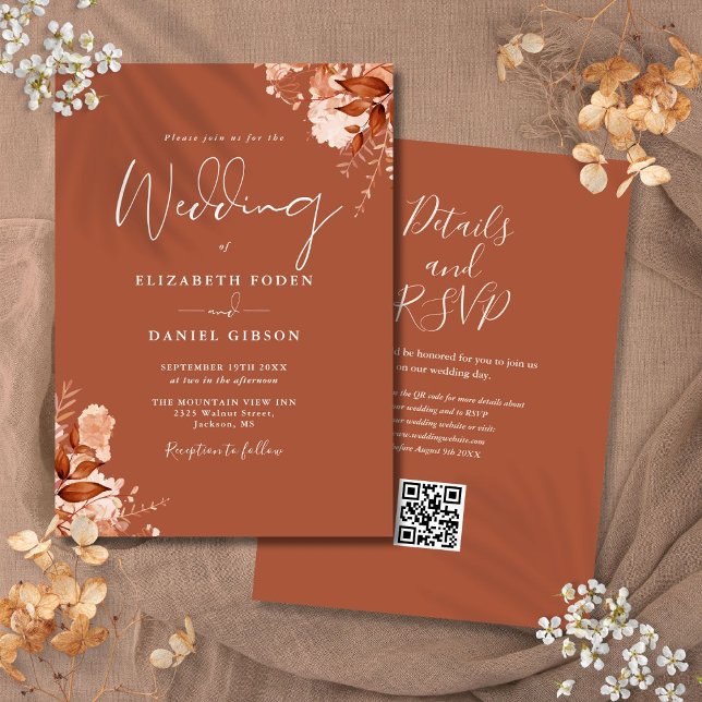 Terracotta Autumn Fall Floral QR Code Wedding Invitation (Terracotta Autumn Fall Floral QR Code Wedding Invitation)