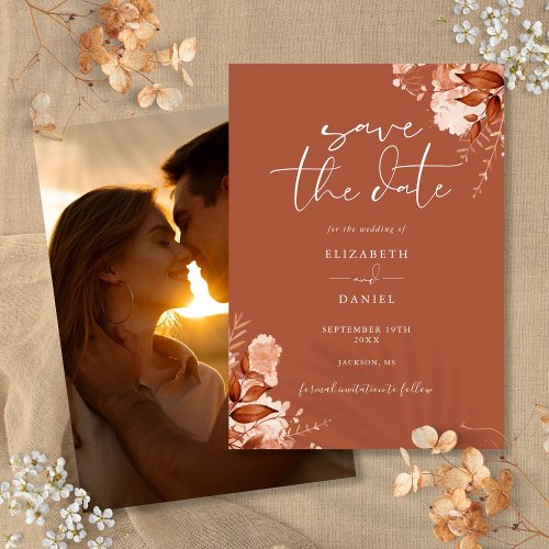 Terracotta Autumn Fall Rustic Floral Photo Wedding Save The Date