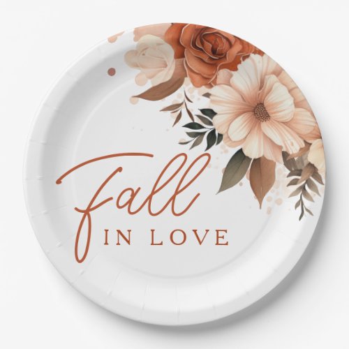 Terracotta Autumn Floral Fall in Love Bridal Paper Plates