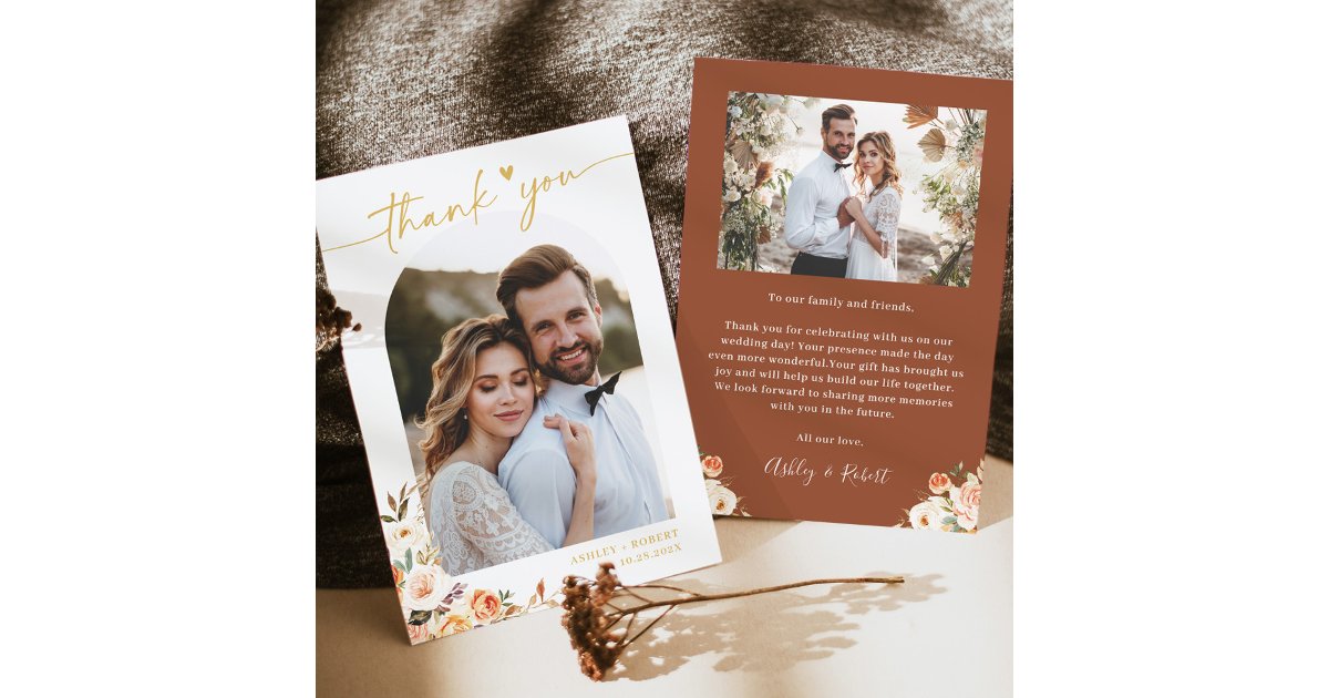 Terracotta Autumn Floral Modern Arch Wedding Photo Thank You Card | Zazzle
