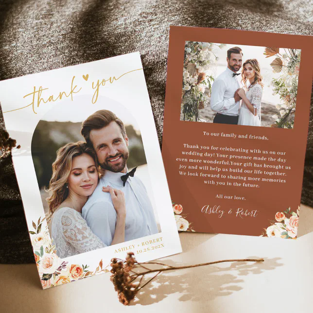 Terracotta Autumn Floral Modern Arch Wedding Photo Thank You Card | Zazzle