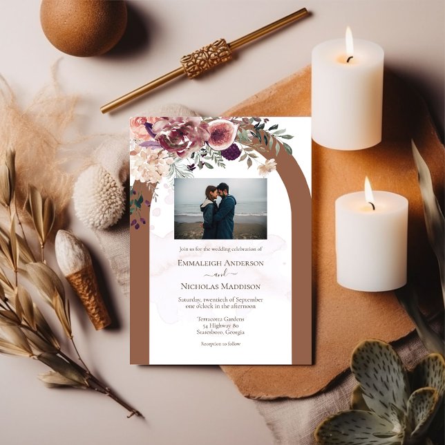Terracotta Autumn Floral with Photo Wedding Invitation (Creator Uploaded)