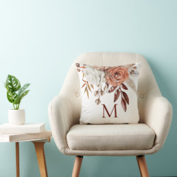 Terracotta Autumn Florals Monogram Initial Throw Pillow