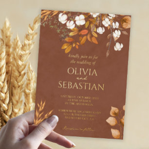 Terracotta Autumn Leaves Boho Fall Wedding Details Foil Invitation
