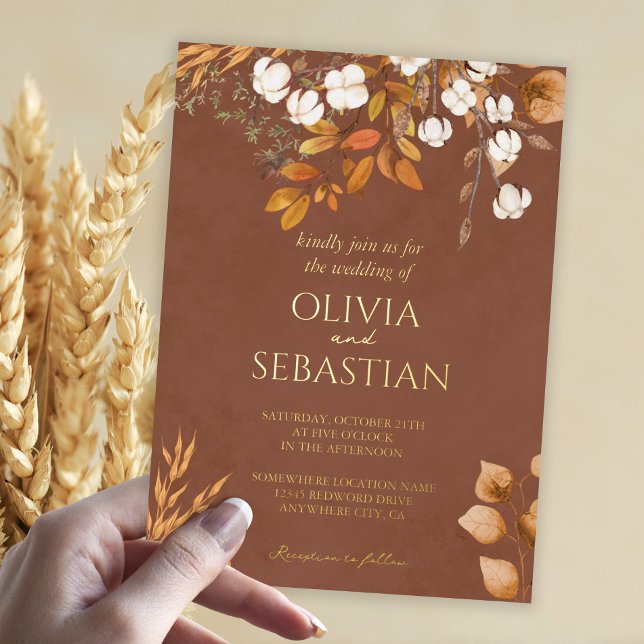 Terracotta Autumn Leaves Boho Fall Wedding Details Foil Invitation (Creator Uploaded)