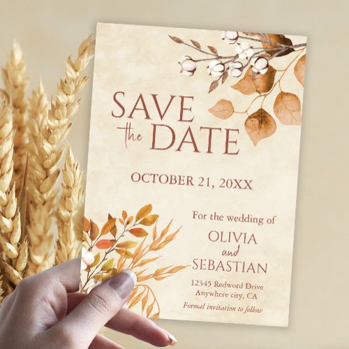 Terracotta Autumn Leaves Boho Fall Wedding Save The Date