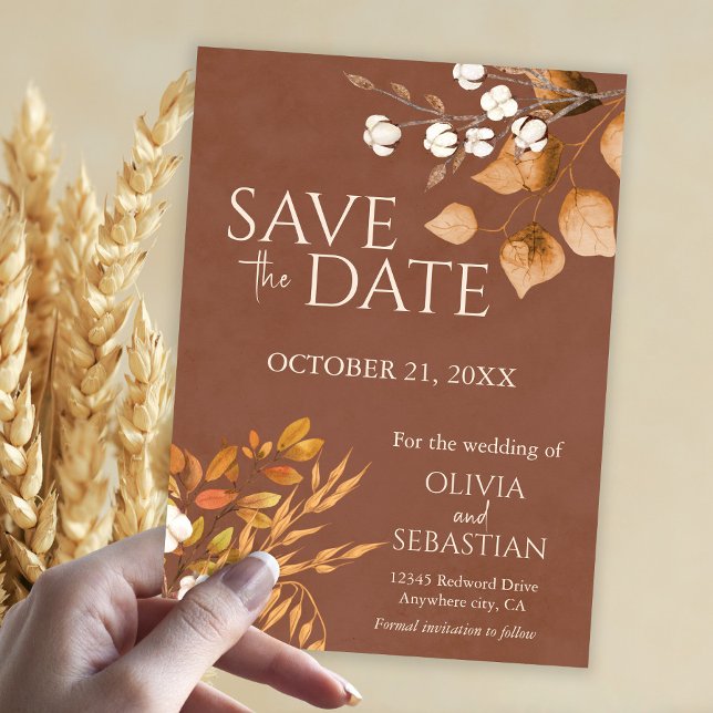 Terracotta Autumn Leaves Boho Fall Wedding Save The Date (Creator Uploaded)