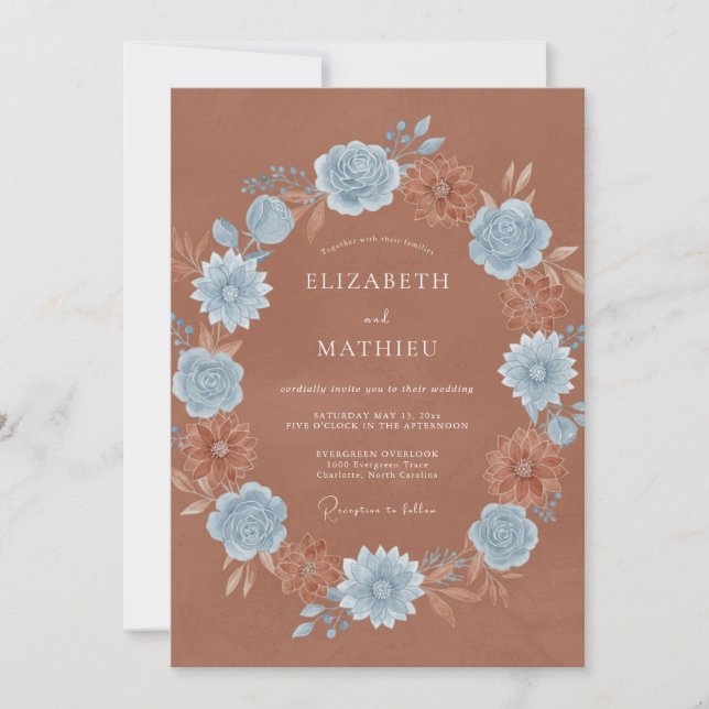 Terracotta Azure Wreath Wedding Invitation (Front)