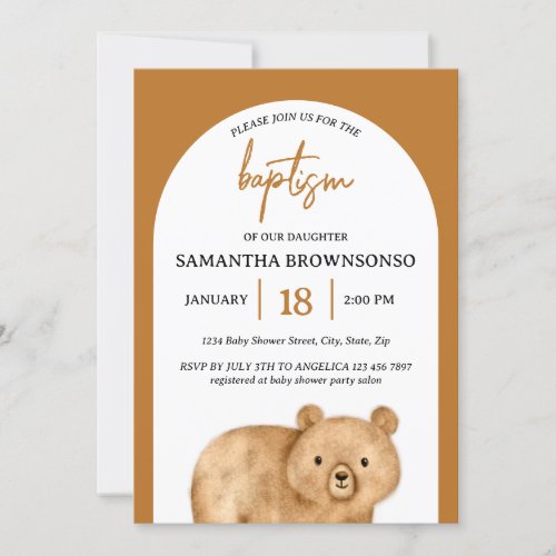 Terracotta Bear Baby Baptism Invitation