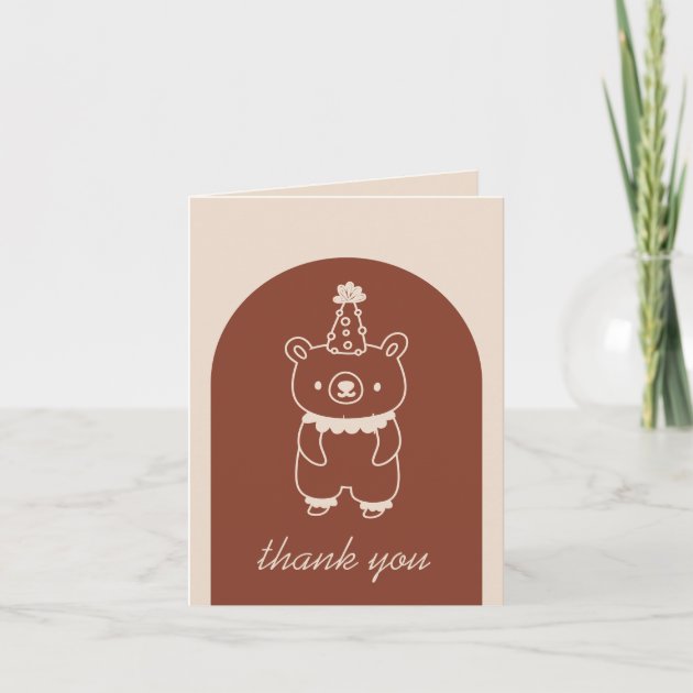 Terracotta Bear Wearing a Party Hat Letterpress Thank You Card