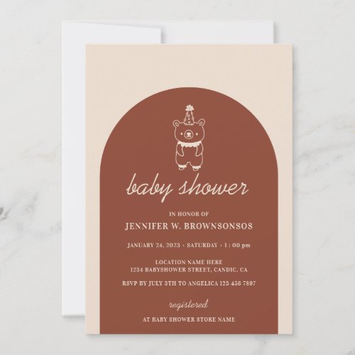 Terracotta Bear with Party Hat Baby Shower Invitation