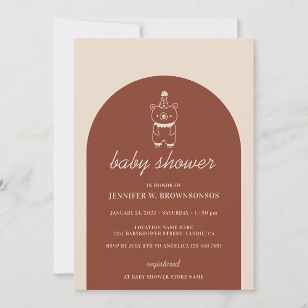 Terracotta Bear with Party Hat Baby Shower Invitation