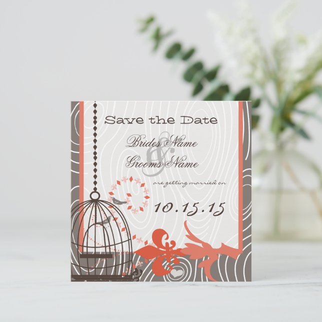 Terracotta Beige Driftwood Love Birds Birdcage Invitation (Standing Front)