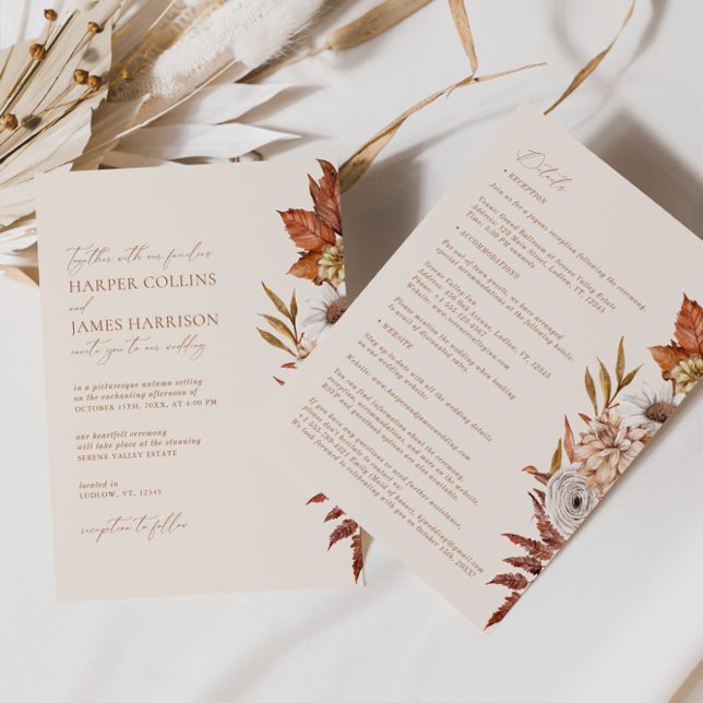 Terracotta Beige Modern Floral Boho Fall Wedding Invitation (Creator Uploaded)