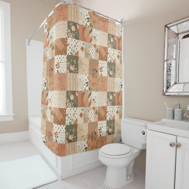 Terracotta Beige Patchwork Quilt Rustic Floral  Shower Curtain (In Situ)
