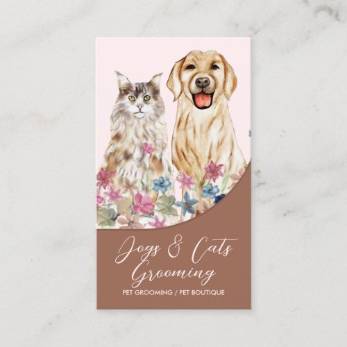 Terracotta Beige Watercolor Dogs Cats Pet Groomer Business Card