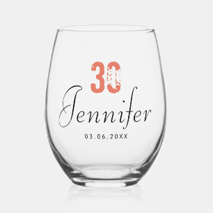 Terracotta Birthday Number Black Name Date Stemless Wine Glass