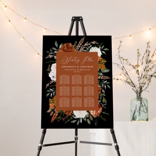 terracotta black chic foliage wedding seating plan foam board