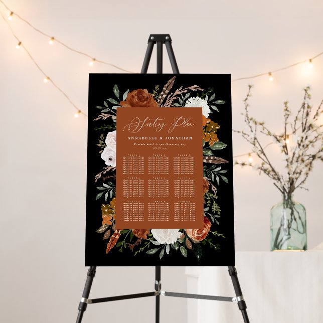 terracotta black chic foliage wedding seating plan foam board (In Situ (Stand))