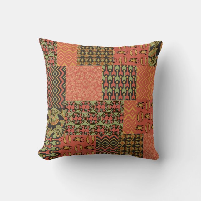 Terracotta, Black Egyptian Tribal Faux Patchwork Throw Pillow (Front)