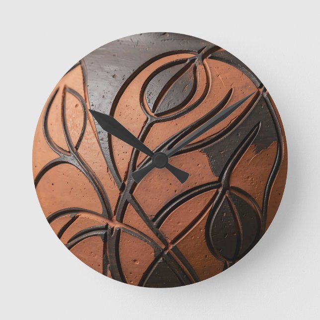 Terracotta Black Leaf Carved Ceramic Pattern Round Clock (Front)